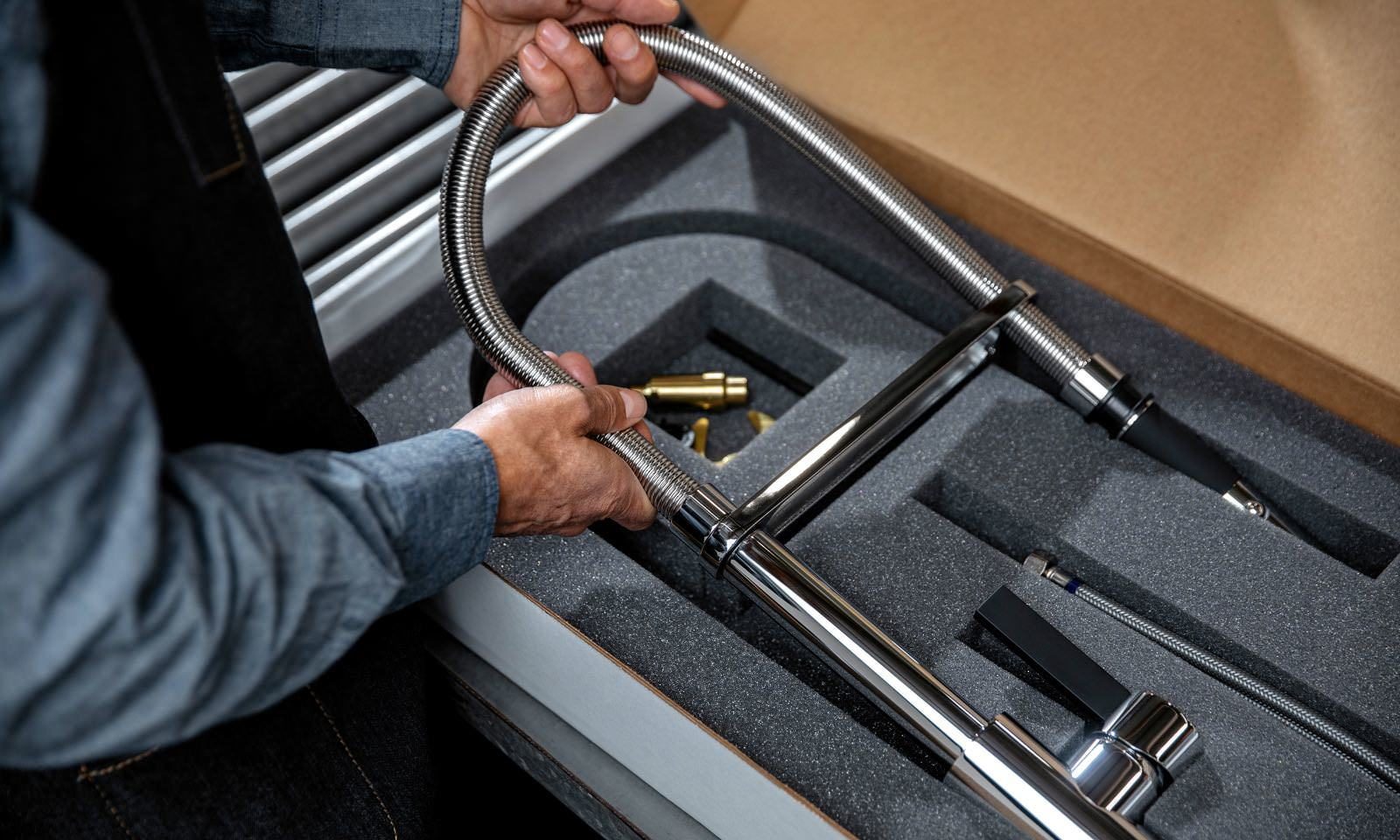 Culinary kitchen faucet in shipping package