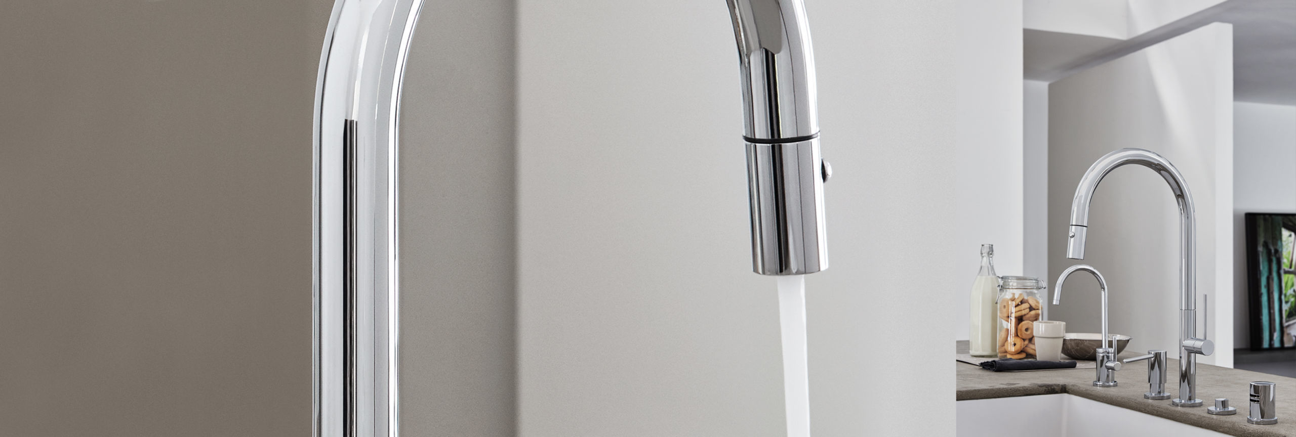 kitchen series poetto faucet close-up and complete ensemble with water dispenser